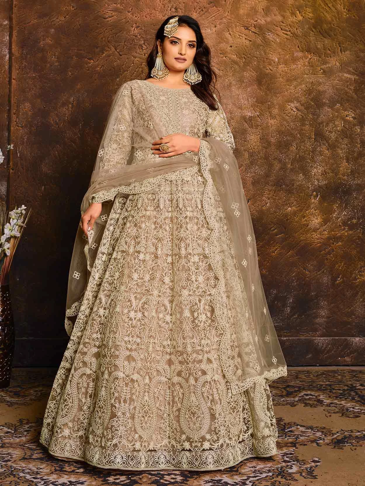 Beige In Net Designer Anarkali Salwar Suit With Thread,Embroidery Work. 3 Beige In Net Designer Anarkali Salwar Suit With Thread,Embroidery Work.