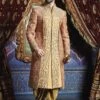 Pink,Golden Color Wedding Sherwani. -Riwaayat Store m11391