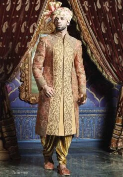 Pink,Golden Color Wedding Sherwani.