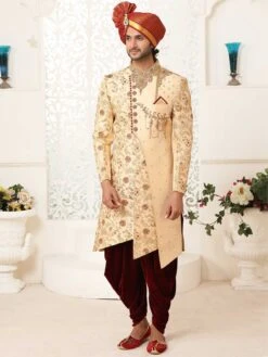 Designer Groom Sherwani Golden Colour In Silk Fabric.