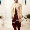 Cream,Maroon Colour Brocade Fabric Mens Designer Sherwani. -Riwaayat Store m1722