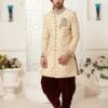 Brocade Fabric Designer Sherwani Cream Colour. -Riwaayat Store m1870
