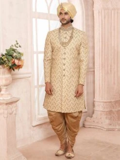 Cream Colour Silk Designer Wedding Sherwani.