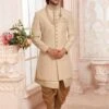 Beige,Golden Colour Silk Fabric Indian Designer Sherwani. -Riwaayat Store m2110