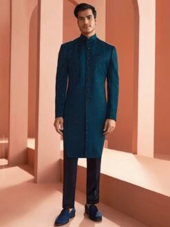 Blue Embroidered Indowestern In Velvet