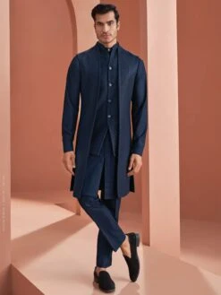 Blue Sequins Embroidered Layered Indowestern For Men