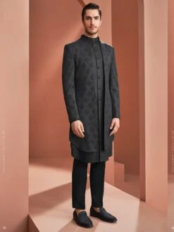 Black Printed Layered Indowestern For Men