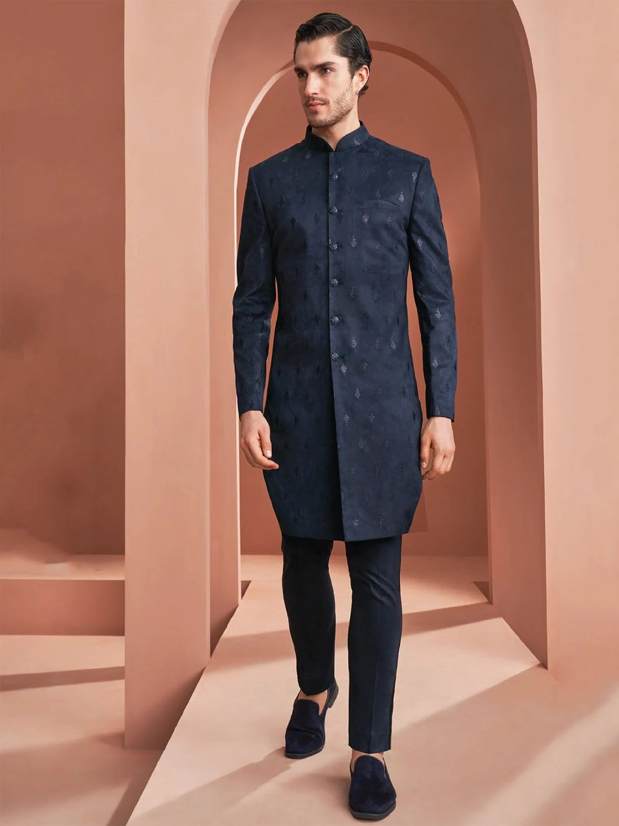 Blue Thread Embroidered Indowestern In Velvet 3 Blue Thread Embroidered Indowestern In Velvet