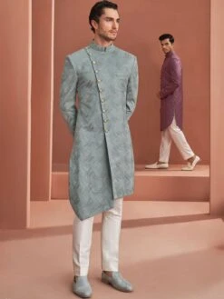 Grey Asymmetric Velvet Indowestern For Men