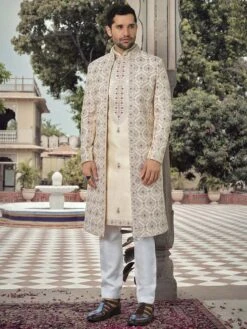 Cream Layered Readymade Sherwani With Embroidery