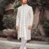White Readymade Embroidered Layered Sherwani Set