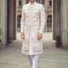 White Readymade Zari Embroidered Groom Sherwani Set