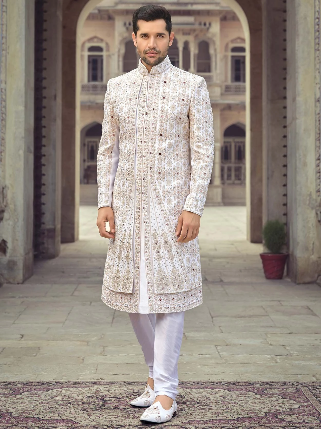 White Readymade Zari Embroidered Groom Sherwani Set 3 White Readymade Zari Embroidered Groom Sherwani Set