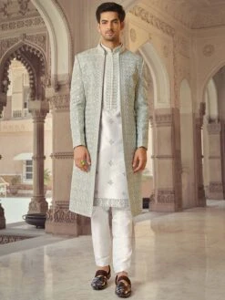 Silver And White Embroidered Readymade Layered Indo Western