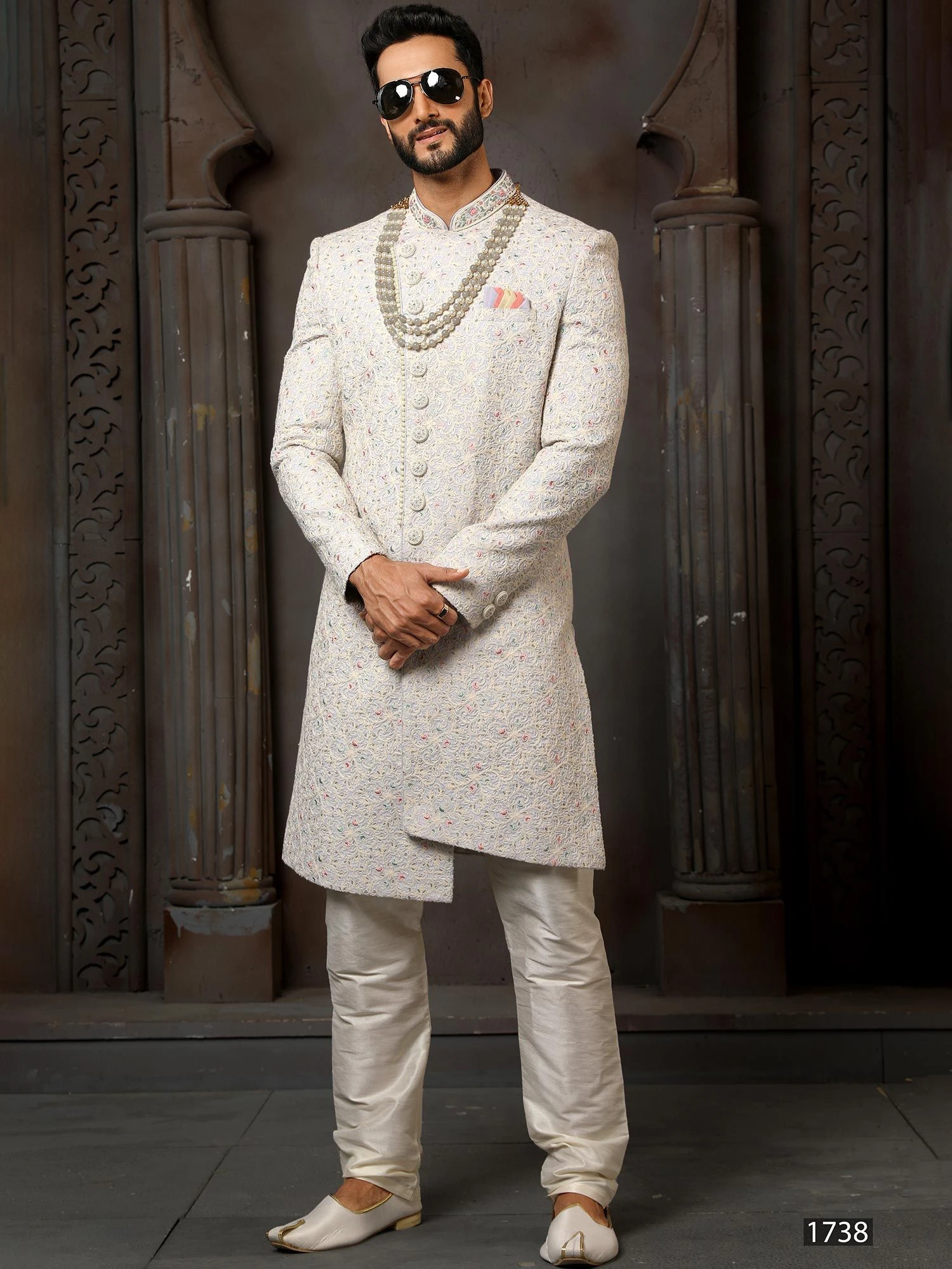 White Embroidered Asymmetric Sherwani Set In Art Silk 3 White Embroidered Asymmetric Sherwani Set In Art Silk
