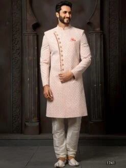 Peach Sequined Sherwani In Georgette