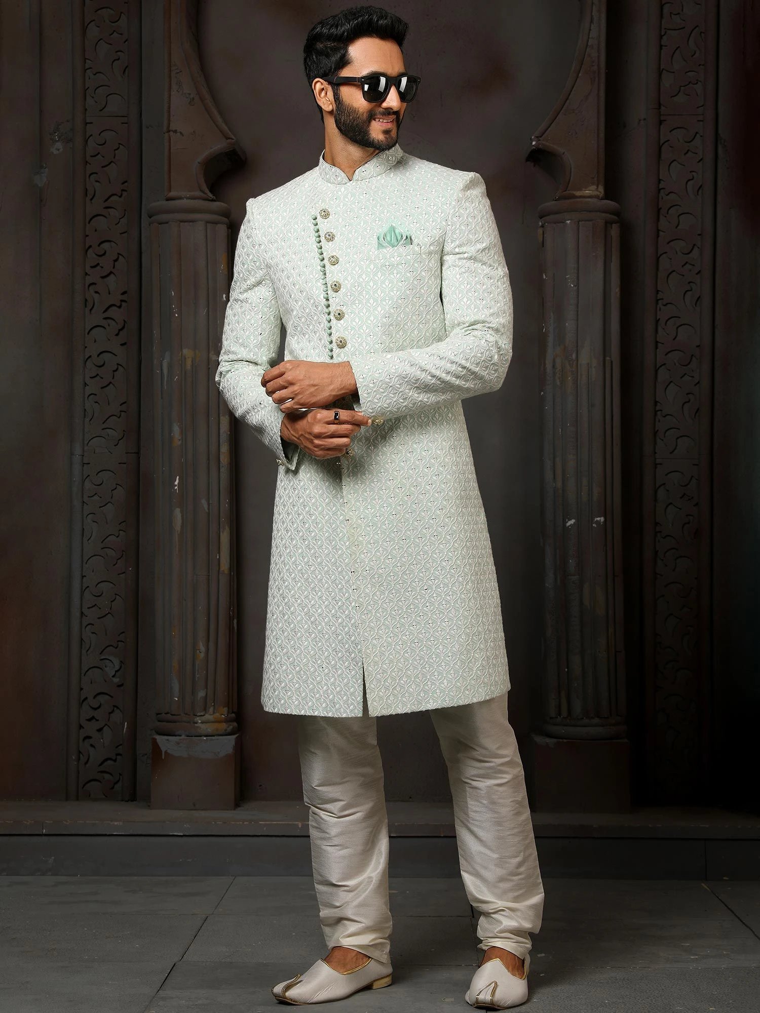 Blue Sequined Sherwani In Georgette 3 Blue Sequined Sherwani In Georgette