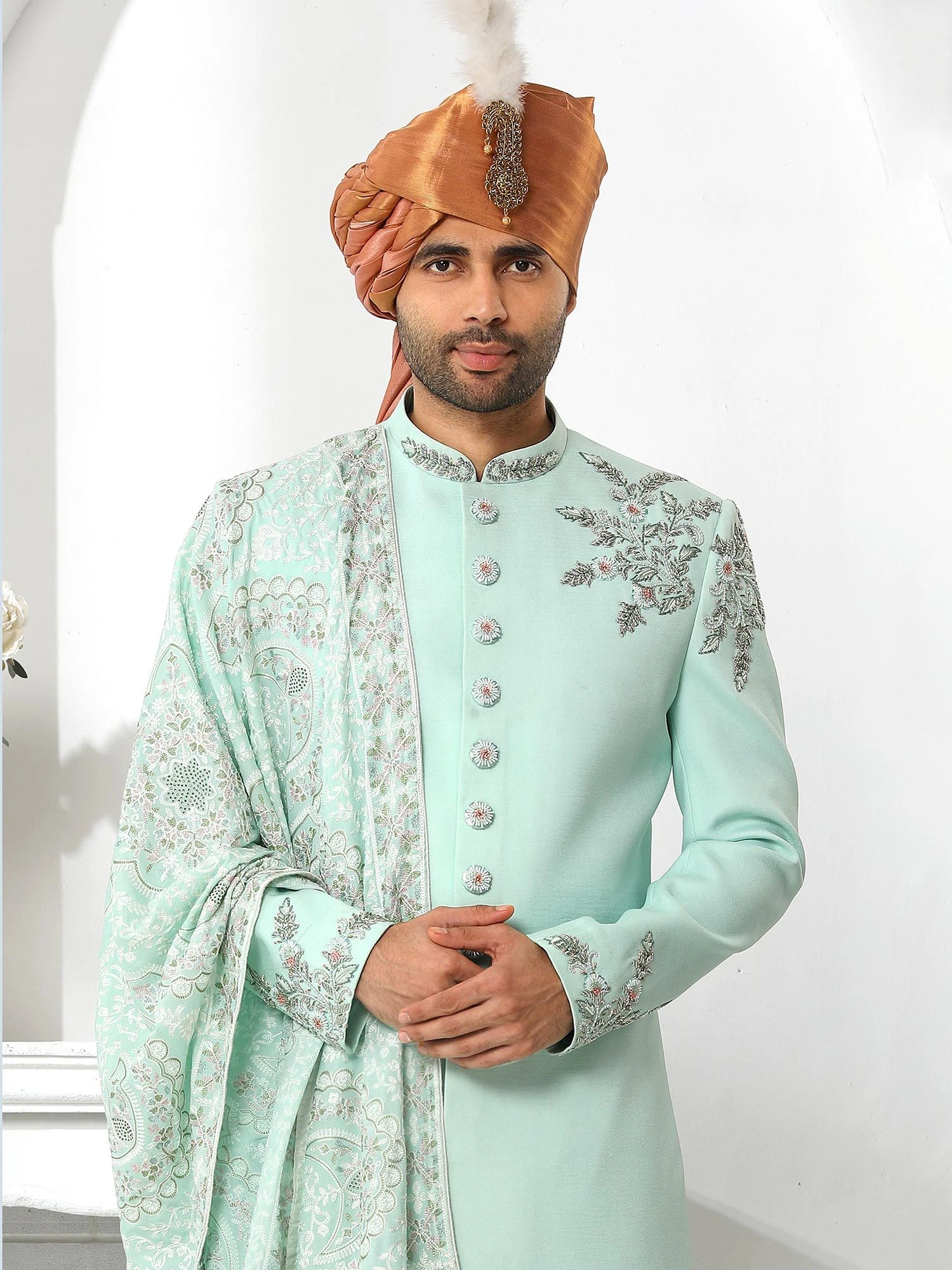Blue Embroidered Groom Sherwani In Silk 4 Blue Embroidered Groom Sherwani In Silk - Image 2