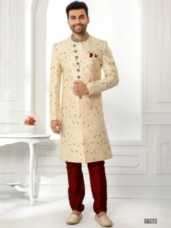 Cream Sequined Sherwani In Art Silk