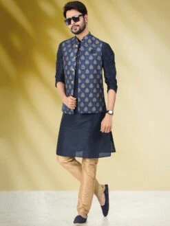Blue Art Silk Kurta Pyjama With Jacket Set