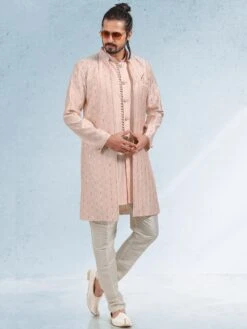 Pink Embroidered Kurta Pyjama And Jacket Set