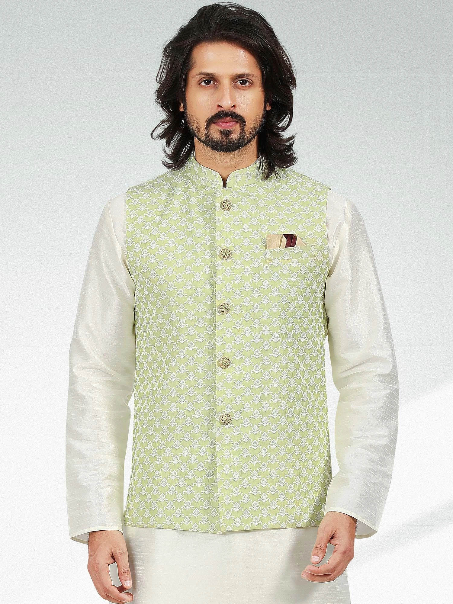 White Art Silk Kurta Pajama With Green Jacket 4 White Art Silk Kurta Pajama With Green Jacket - Image 2