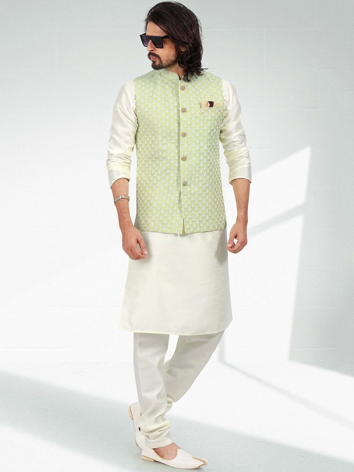 White Art Silk Kurta Pajama With Green Jacket 3 White Art Silk Kurta Pajama With Green Jacket
