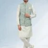White Kurta Pyjama With Green Embroidered Jacket -Riwaayat Store p1009mw10 1