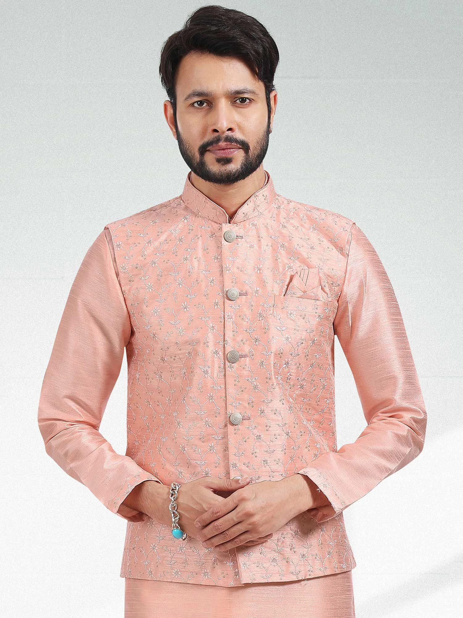 Peach Mens Kurta Pyjama With Embroidered Jacket 4 Peach Mens Kurta Pyjama With Embroidered Jacket - Image 2