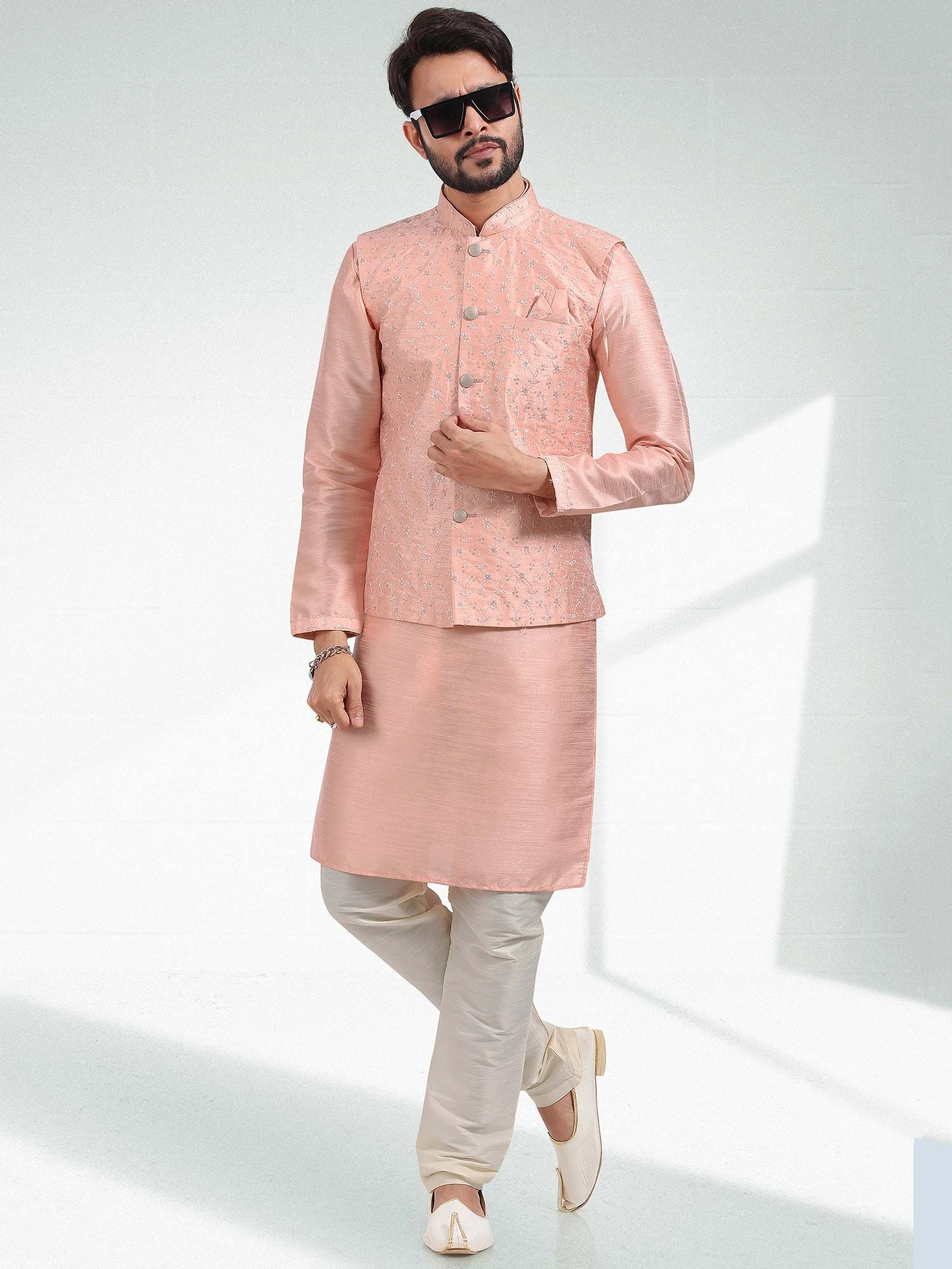 Peach Mens Kurta Pyjama With Embroidered Jacket 3 Peach Mens Kurta Pyjama With Embroidered Jacket