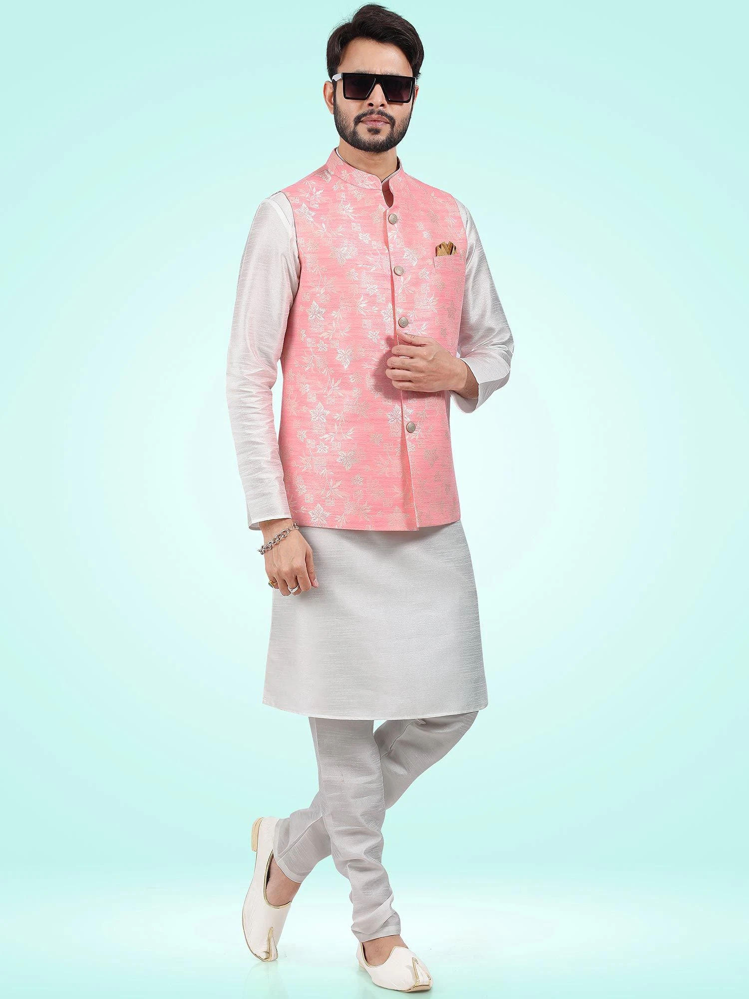 Readymade White Kurta Pyjama With Pink Jacket 3 Readymade White Kurta Pyjama With Pink Jacket
