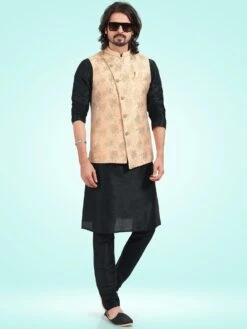 Black Art Silk Kurta Pajama With Woven Jacket
