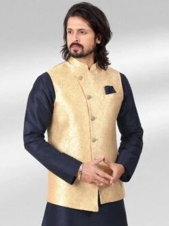 Blue Plain Kurta Pyjama With Woven Jacket -Riwaayat Store p1010mw09 2 1