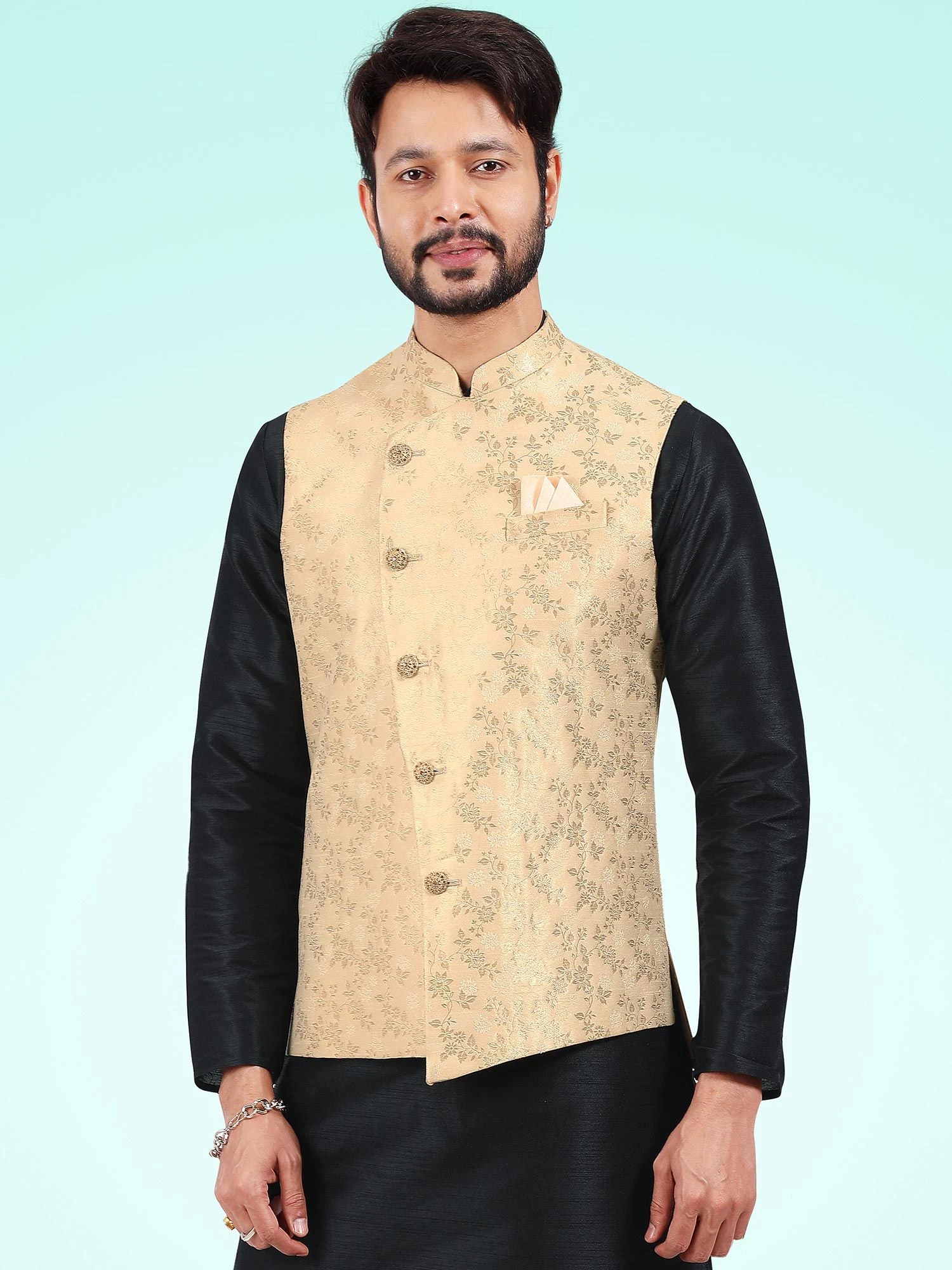 Black Plain Kurta Pajama With Woven Jacket 4 Black Plain Kurta Pajama With Woven Jacket - Image 2
