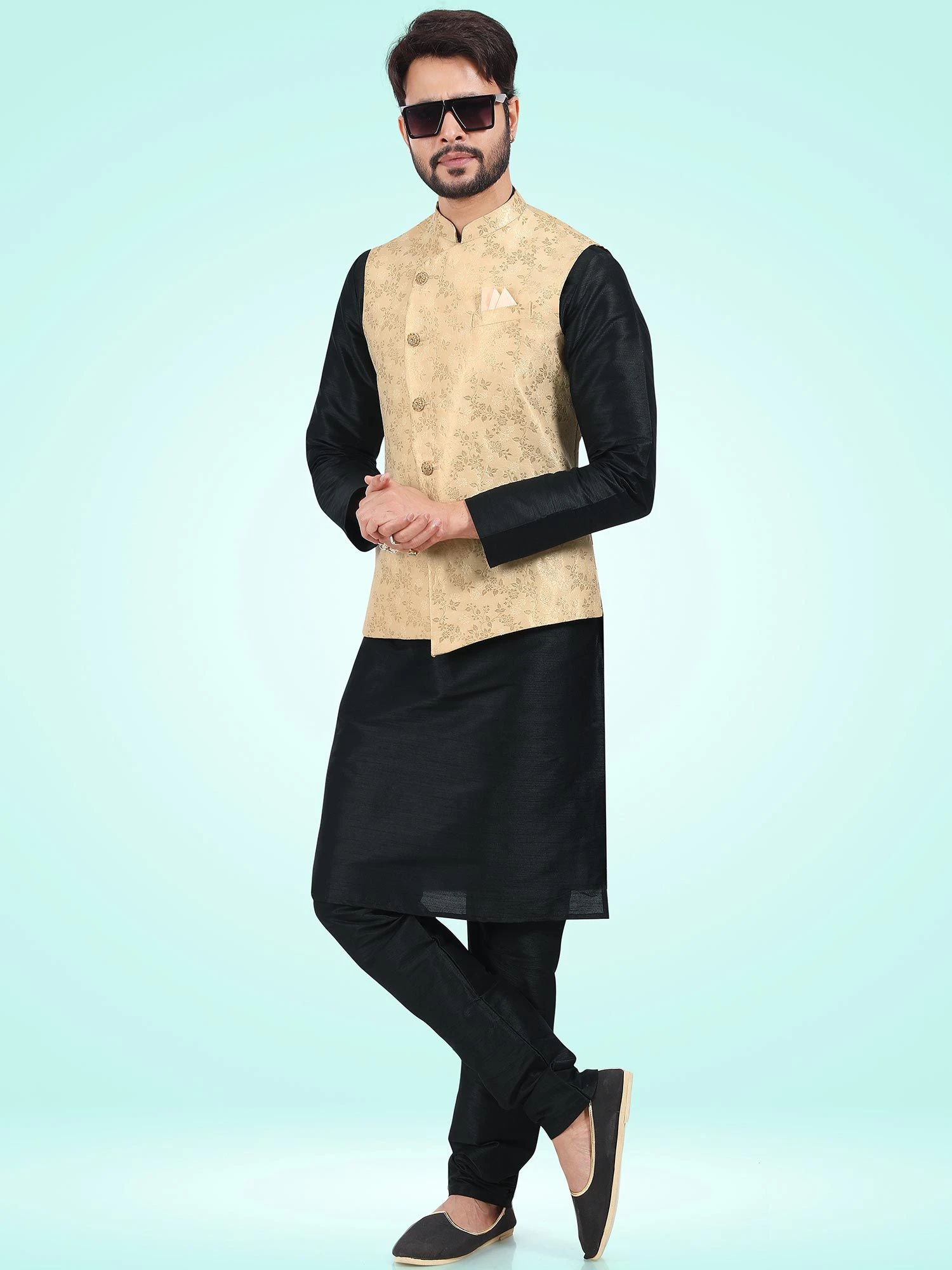 Black Plain Kurta Pajama With Woven Jacket 3 Black Plain Kurta Pajama With Woven Jacket