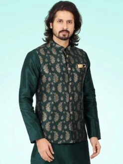 Green Plain Kurta Pyjama With Woven Jacket 5 Green Plain Kurta Pyjama With Woven Jacket -Riwaayat Store p1010mw12 2 1