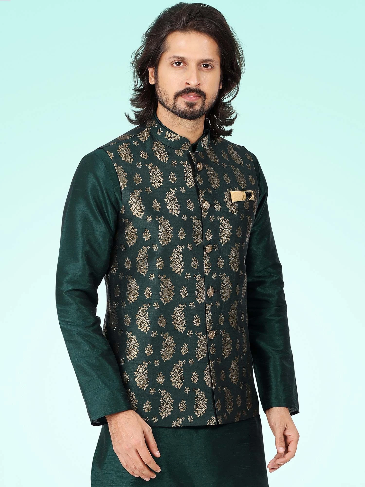 Green Plain Kurta Pyjama With Woven Jacket 4 Green Plain Kurta Pyjama With Woven Jacket - Image 2