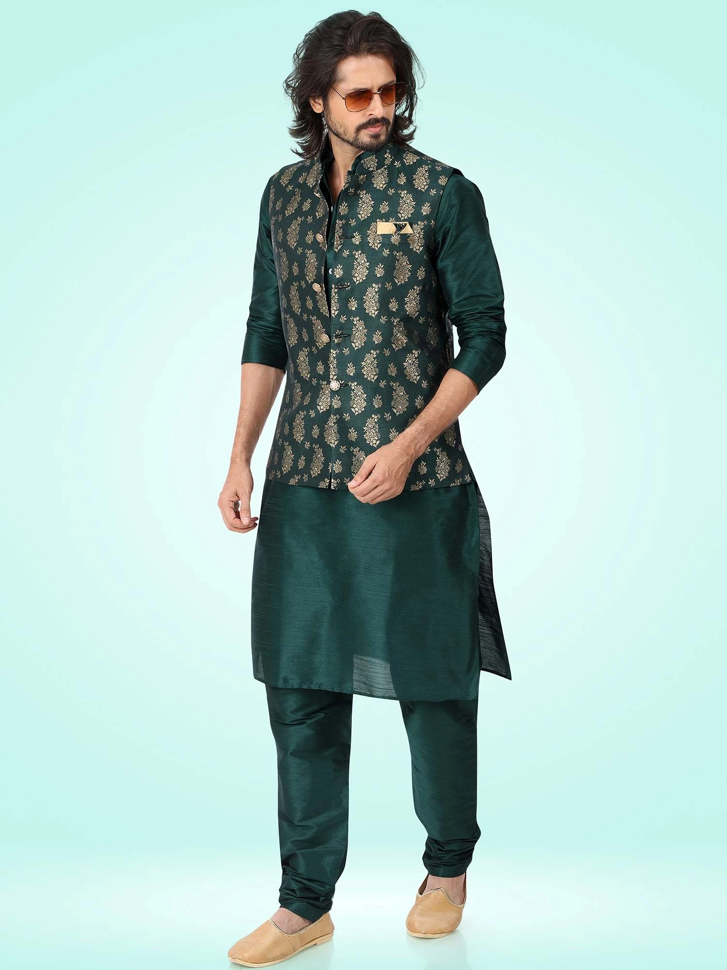 Green Plain Kurta Pyjama With Woven Jacket 3 Green Plain Kurta Pyjama With Woven Jacket