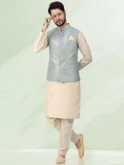 Cream Festive Kurta Pyjama With Grey Jacket