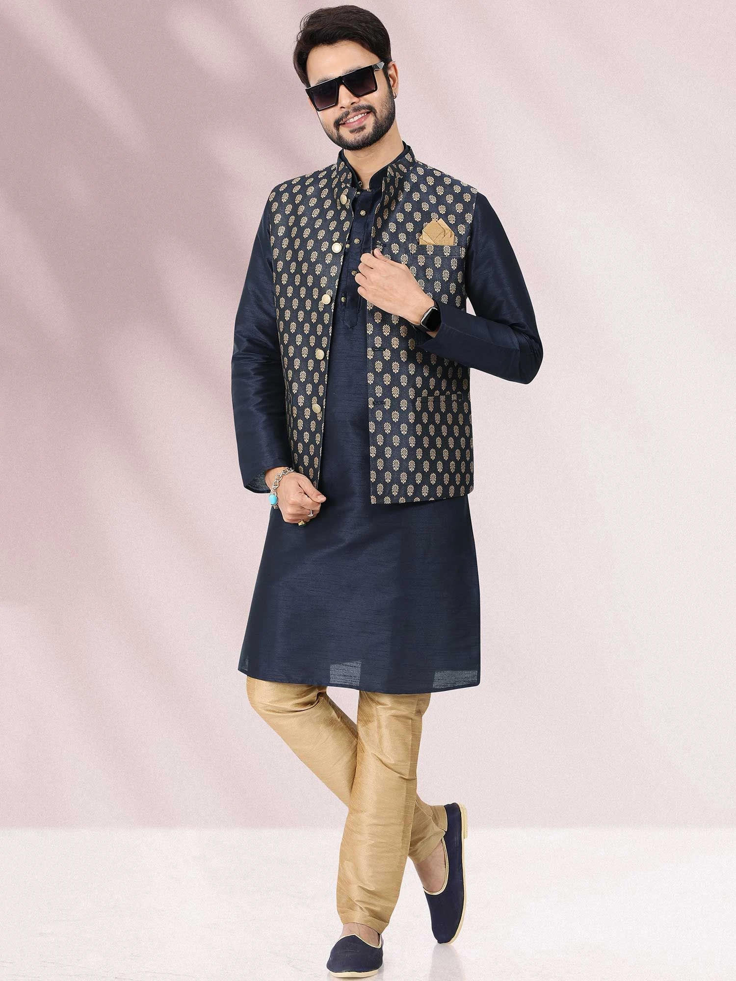 Readymade Blue Kurta Pajama With Nehru Jacket 3 Readymade Blue Kurta Pajama With Nehru Jacket