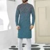 Blue Printed Kurta Pyjama In Jacquard -Riwaayat Store p1013mw03