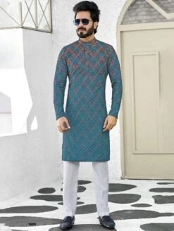 Blue Printed Kurta Pyjama In Jacquard