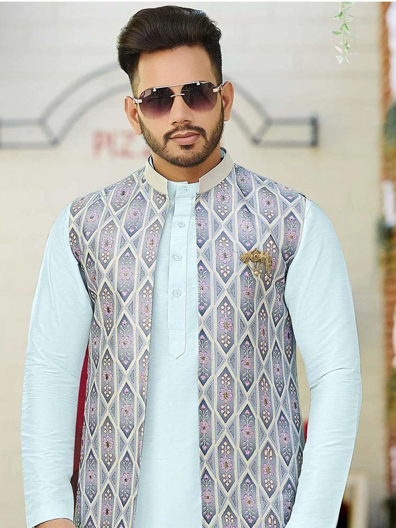 Blue Jacquard Festive Kurta Pajama With Jacket 4 Blue Jacquard Festive Kurta Pajama With Jacket - Image 2