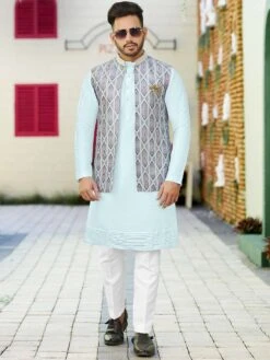Blue Jacquard Festive Kurta Pajama With Jacket