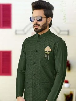 Green Mens Kurta Pajama With Embroidered Jacket -Riwaayat Store p1014mw18 1