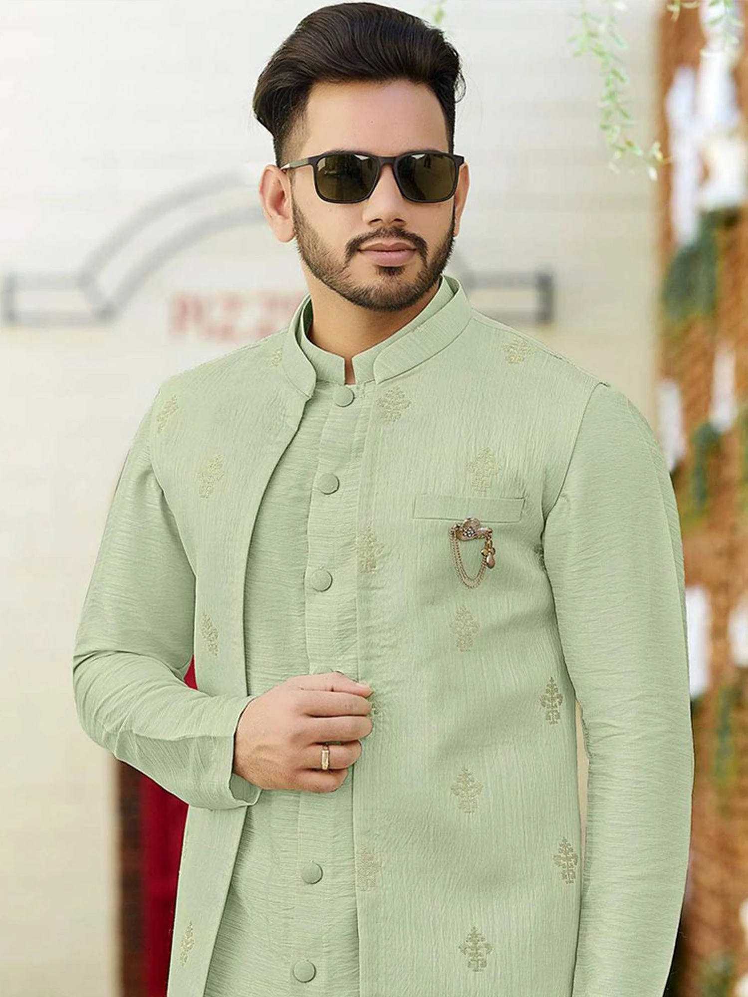 Green Jacquard Kurta Pyjama With Long Jacket 4 Green Jacquard Kurta Pyjama With Long Jacket - Image 2
