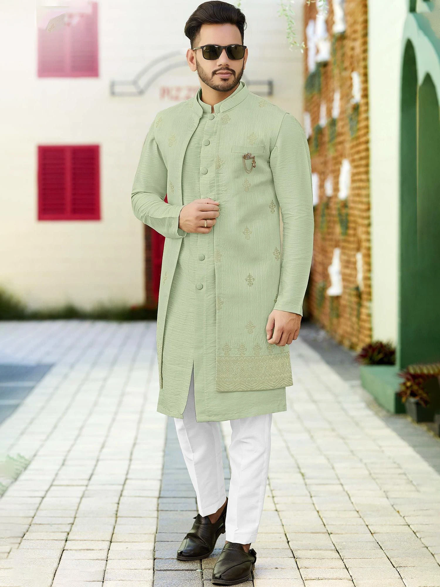 Green Jacquard Kurta Pyjama With Long Jacket 3 Green Jacquard Kurta Pyjama With Long Jacket