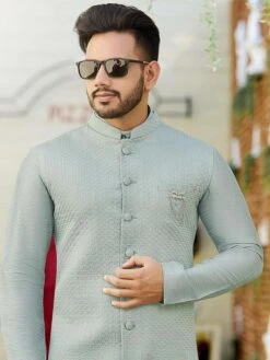 Grey Festive Kurta Pyjama With Embroidered Jacket -Riwaayat Store p1014mw25 1