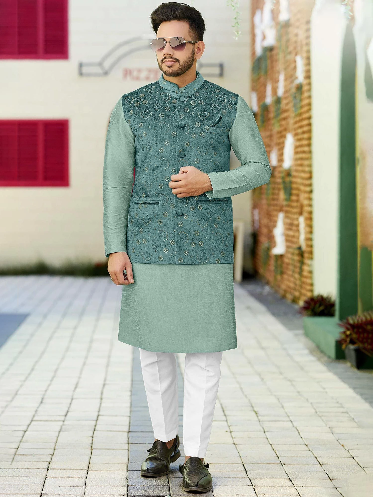 Green Kurta Pajama With Velvet Jacket 3 Green Kurta Pajama With Velvet Jacket