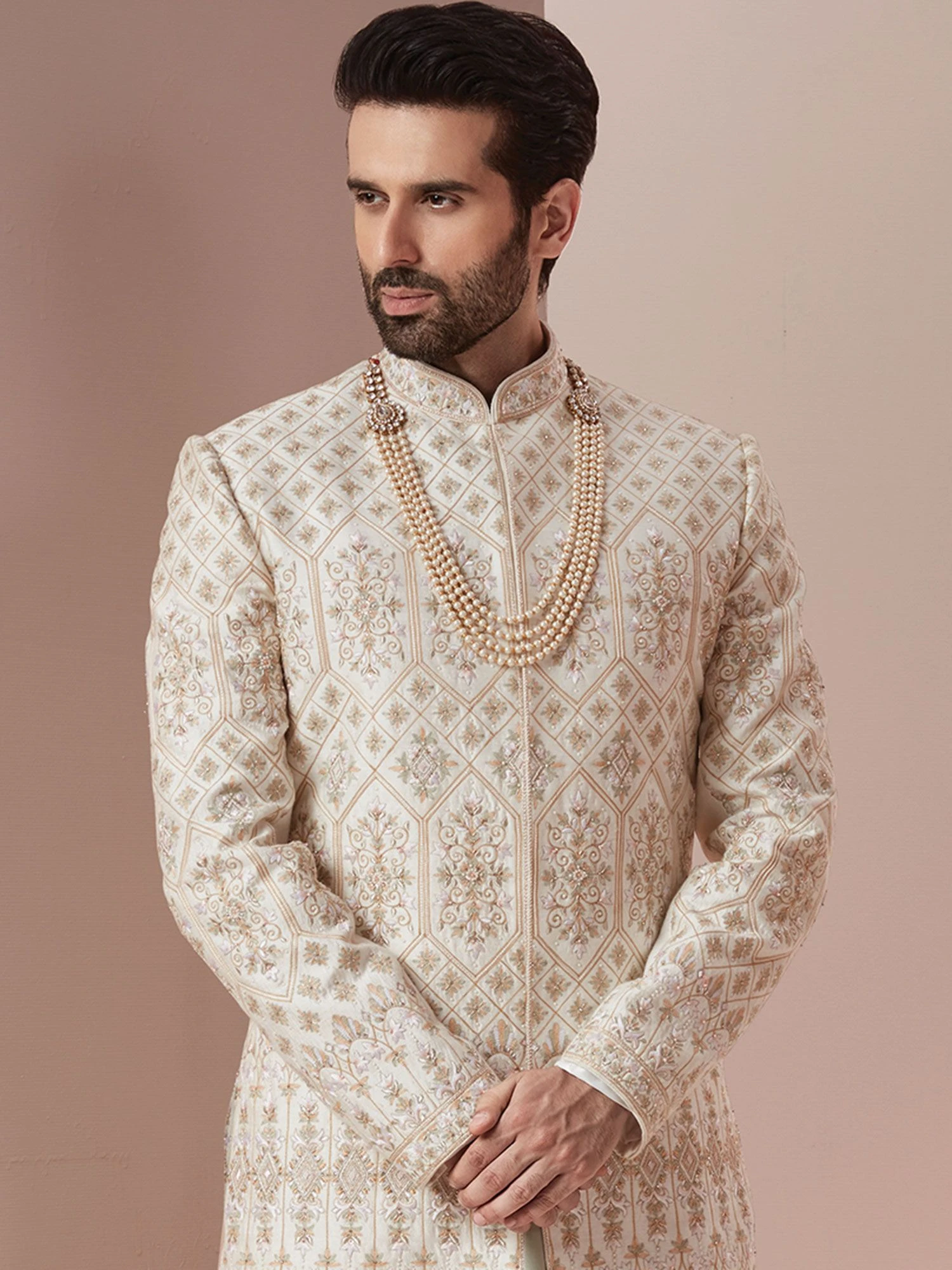 Off White Wedding Sherwani With Zardozi Embroidery 4 Off White Wedding Sherwani With Zardozi Embroidery - Image 2